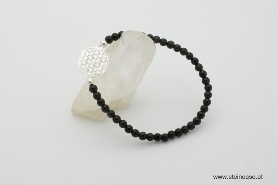 Armband Onyx + Blume d.Lebens, Silber, 4mm
